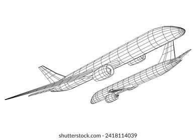 Airplane. Abstract airliner. Travel, tourism, business, transportation concept. Wireframe low poly mesh vector illustration