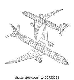 Airplane. Abstract airliner. Travel, tourism, business, transportation concept. Wireframe low poly mesh vector illustration