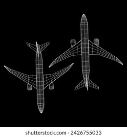 Airplane. Abstract airliner. Travel, tourism, business, transportation concept. Wireframe low poly mesh vector illustration