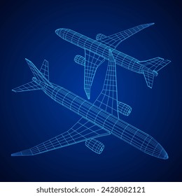 Airplane. Abstract airliner. Travel, tourism, business, transportation concept. Wireframe low poly mesh vector illustration