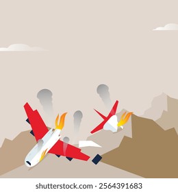 Airplane accident vector illustration. Airplane crash in mountains with plane on fire. Airplane accident. Plane crashed and body is on fire with smoke