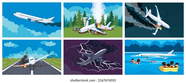 Airplane accident vector illustration. A flock of birds is seen in front of the crashing plane, and lightning strikes behind it. The plane that crashed was shattered and set on fire with smoke and fir