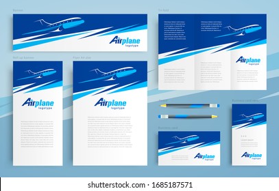 Airplane action fly theme Set flyer cover, tri-fold, banner, roll up banner, business card vector blue color