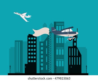 airplane and advertising banner over city 