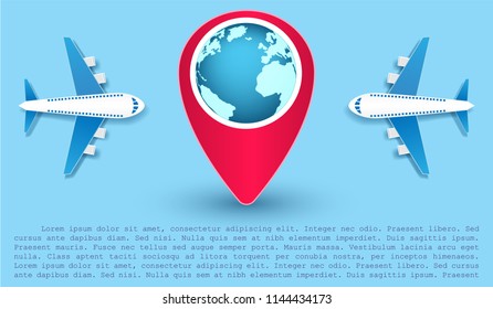 Airplane aerial with check in point travel concept Design Invitation Template world map on blue Background Design, Card for greeting Poster, banner, paper art,