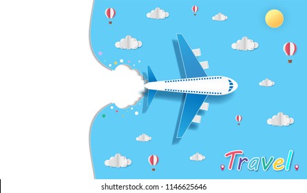 Airplane aerial with check in point travel concept Design Invitation Template on blue Background Design, Card for greeting Poster, banner, paper art, vector illustration, 