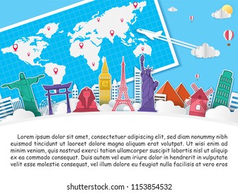 Airplane aerial with check in point travel concept. Design Invitation Template world map on blue Background Design. blank space for text and content paper art, banner, Card for greeting Poster,