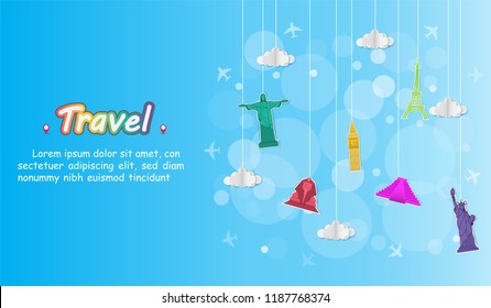 Airplane aerial with check in point travel around the world concept on Background. Top world famous landmark. blank space for text and content paper art, vector, banner, Poster,