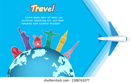 Airplane aerial with check in point travel around the world concept on Background. Top world famous landmark. blank space for text and content paper art, vector, banner, Poster,