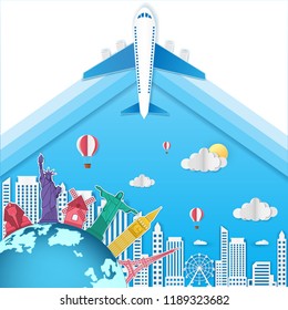 Airplane aerial with check in point travel around the world concept on Background. Top world famous landmark. blank space for text and content paper art, vector, banner, Poster,