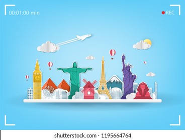 Airplane aerial with check in point travel around the world concept on blue Background. Top world famous landmark  on camera display. blank space for text and content paper art, vector, banner, Poster