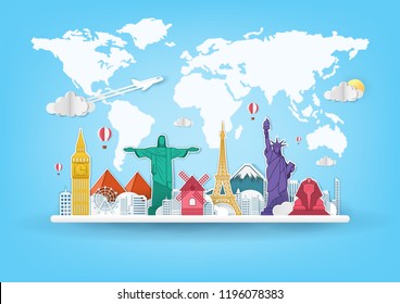 Airplane aerial with check in point travel around the world concept on blue Background. Top world famous landmark. blank space for text and content paper art, vector, banner, Poster,