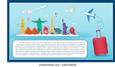 Airplane aerial with check in point travel around the world concept on blue Background. Top world famous landmark  on camera display. blank space for text and content paper art, vector, banner, Poster