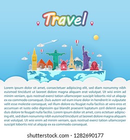 Airplane aerial with check in point travel around the world concept on blue Background. Top world famous landmark  on camera display. blank space for text and content paper art, vector, banner, Poster