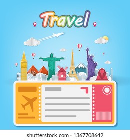 Airplane aerial with check in point travel around the world concept on blue Background. with ticket Top world famous landmark blank space for text and content paper art, vector, banner, Poster,
