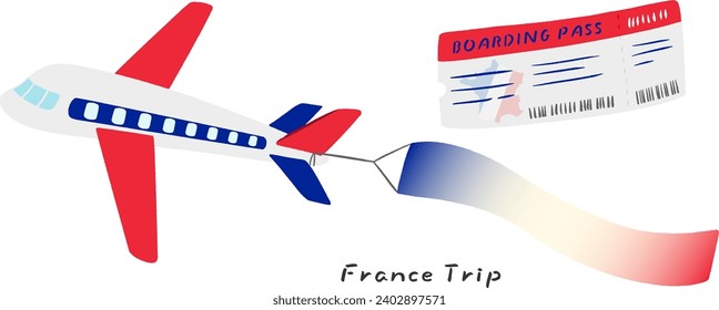 Airplane, aerial signboard and ticket inspired by France, cute simple hand-drawn illustration