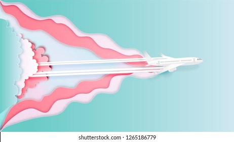 Airplane aerial view in the layer on pastel beautiful background as  paper art and craft style concept. vector illustration