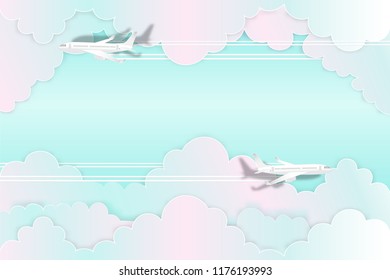 Airplane aerial view on pastel clouds and sky background as  paper art and craft style concept. vector illustration