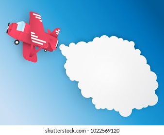 Airplane aerial view paper art with paper cloud ( speech bubble ) for text. Flying origamy paper art red plane. Blue sky background with fluffy cloud 