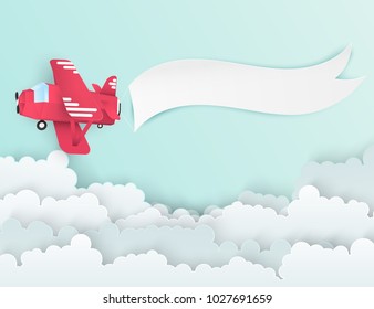 Airplane aerial view paper art with paper banner for text. Flying origami red plane. Blue sky background with fluffy clouds. Trendy paper art style