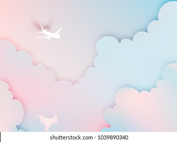 Airplane aerial view paper art with beautiful background vector illustration