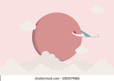Airplane aerial view paper art with beautiful background vector illustration