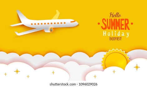 Airplane aerial view paper art cut out on yellow sky background with sun and clouds. Vector illustration for web or print banner. Flight aircraft concept. Enjoy Summer holidays text greetings