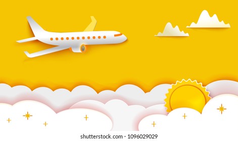 Airplane aerial view paper art cut out on yellow sky background with sun and clouds. Vector illustration for web or print banner. Flight aircraft concept