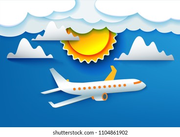 Airplane aerial view paper art cut out on blue sky background with sun and clouds. Vector illustration for web or print banner. Flight aircraft concept