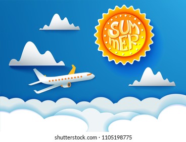 Airplane aerial view paper art cut out on blue sky background with sun and clouds. Vector illustration for web or print banner. Flight aircraft concept. Cute summer lettering on sun circle.