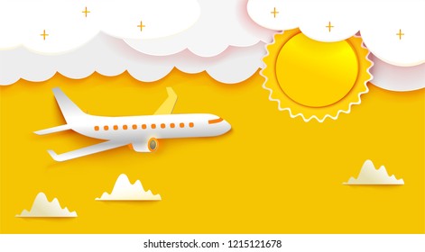 Airplane aerial view paper art cut out on yellow sky background with sun and clouds. Vector illustration for web or print banner. Flight aircraft concept.