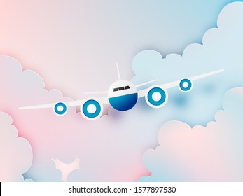 Airplane aerial view paper art with beautiful background vector illustration