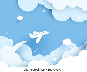 Airplane aerial view paper art cut out on yellow sky background with sun and clouds. Vector illustration for web or print banner. Flight aircraft concept. Enjoy Summer holidays text greetings