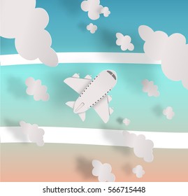Airplane aerial view paper art with beautiful background vector illustration