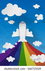 Airplane aerial view paper art with beautiful background vector illustration