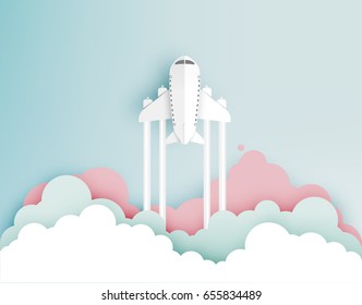 Airplane aerial view paper art with beautiful background vector illustration