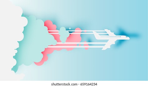 Airplane aerial view paper art with beautiful background vector illustration