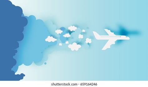 Airplane aerial view paper art with beautiful background vector illustration