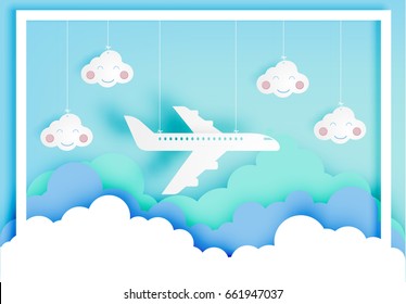 Airplane aerial view paper art with beautiful background vector illustration