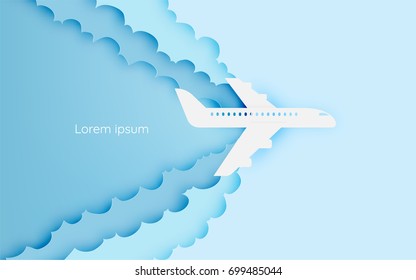 Airplane aerial view paper art with beautiful background vector illustration