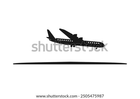 Airplane or aeroplane coming in for landing at the airport runway black silhouette vector