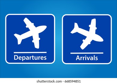 Airplane or Aeroplane Departures and Arrivals icon sign label vector art illustration with fantastic font and Blue color background
