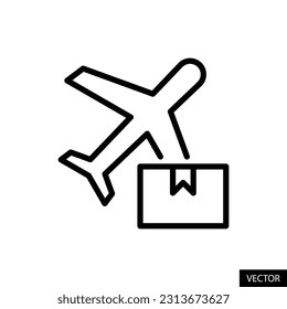 Airplane or aeroplane and parcel box, international product shipping, worldwide delivery concept vector icon in line style design for website, app, ui, isolated on white background. Editable stroke.