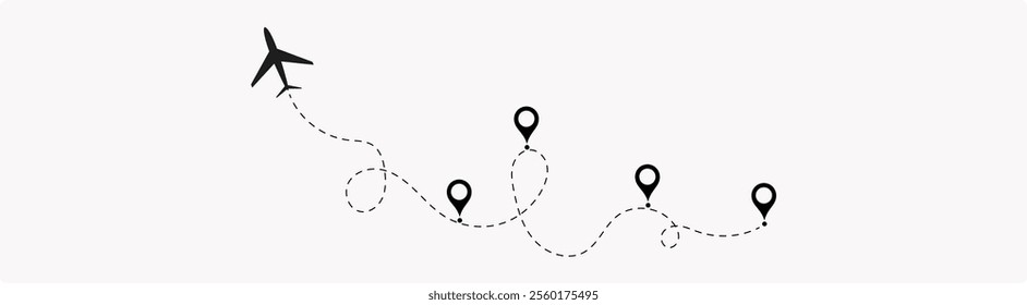 Airplane or aeroplane routes path. Aircraft tracking plane path, travel, map pins, location pins. 