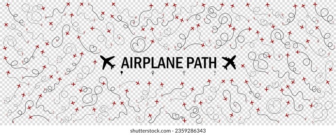 Airplane or aeroplane routes path big set. Travel concept from start point and dotted line tracing. Aircraft tracking, flight plane path, travel, map pins, location. Vector illustration.