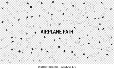 Airplane or aeroplane routes path set. Travel concept from start point and dotted line tracing. Aircraft tracking, plane path, travel, map pins, location pins. Vector illustration. Transparent bg.