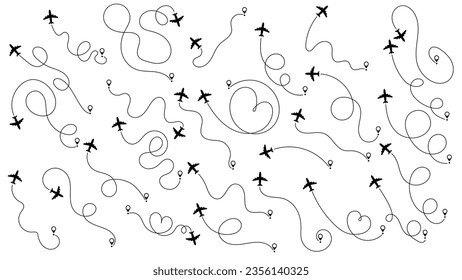 Airplane or aeroplane routes path set. Travel concept from start point and dotted line tracing. Aircraft tracking, plane path, travel, map pins, location pins. Vector illustration. White background.