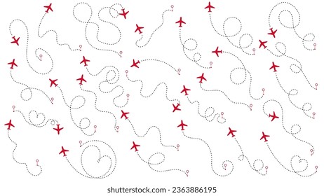 Trayectoria de ruta de avión o avión establecida. Concepto de viaje desde el punto de inicio y trazado de líneas punteadas. Seguimiento de aeronaves, trayectoria de avión, viaje, pasadores de mapa, pasadores de localización. Ilustración vectorial. Fondo blanco.