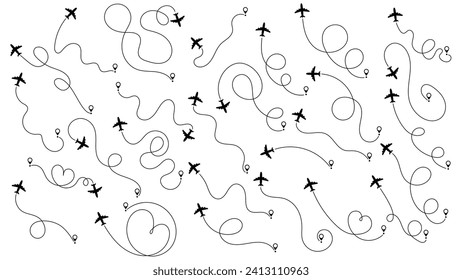 Airplane or aeroplane routes path set. Travel concept from start point and dotted line tracing. Aircraft tracking, plane path, travel, map pins, location pins. Vector illustration. White background.