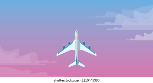 Airplane against the background of purple sky and clouds, copy space. Travel concept. Vector illustration. 